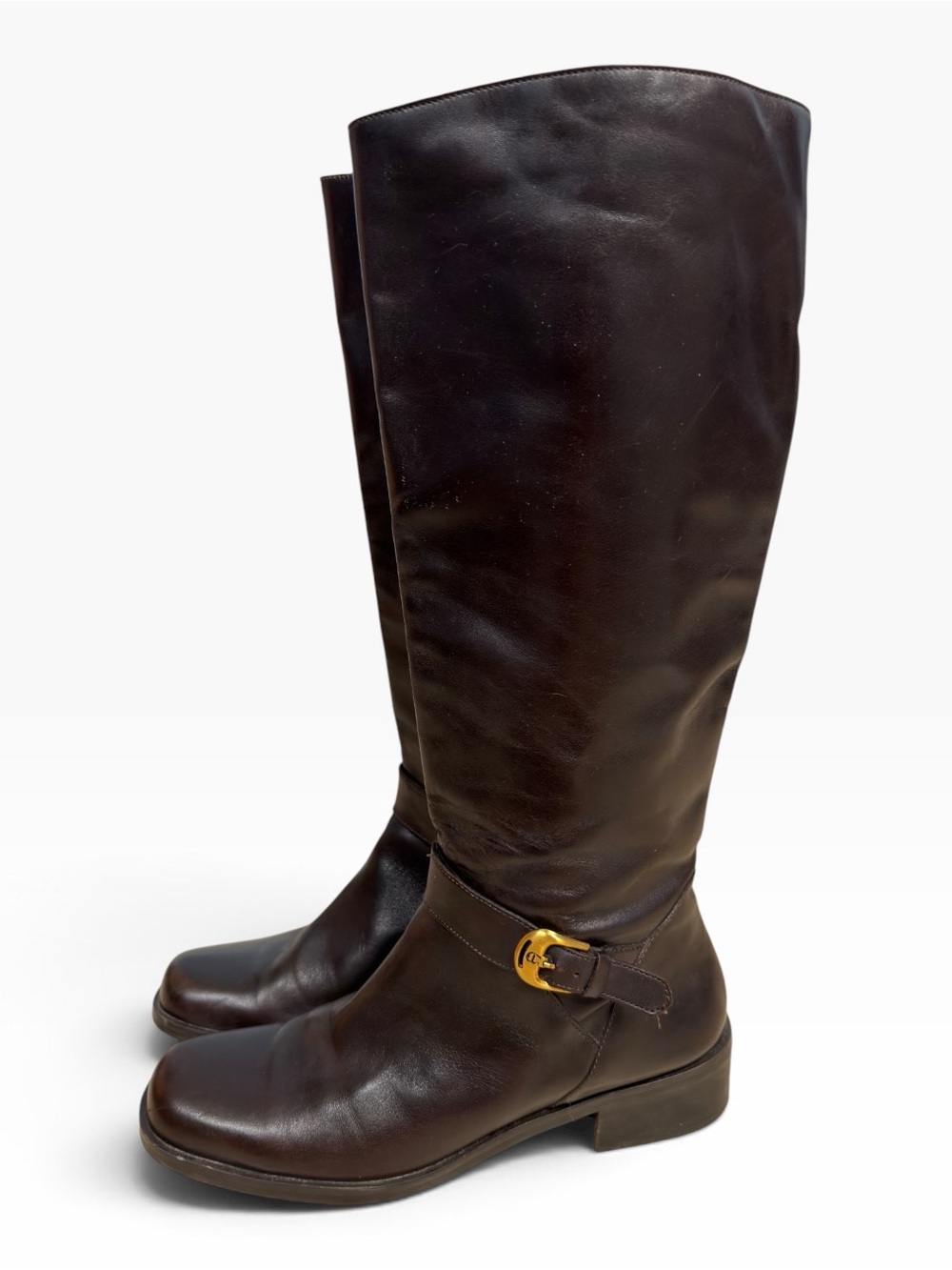 Etienne Aigner Legacy II Brown Leather Riding Boots Gold Buckle Women’s Size 8 M